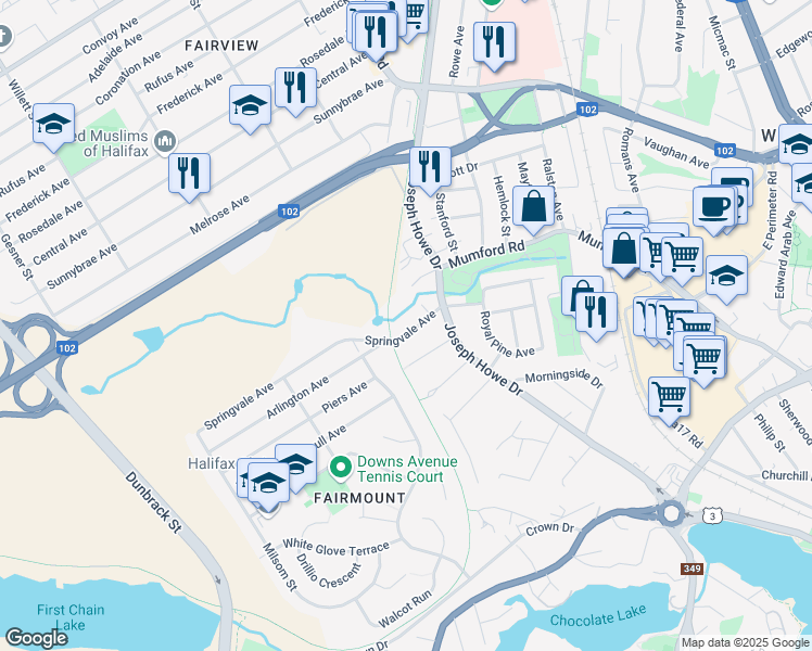 map of restaurants, bars, coffee shops, grocery stores, and more near 11 Springvale Avenue in Halifax