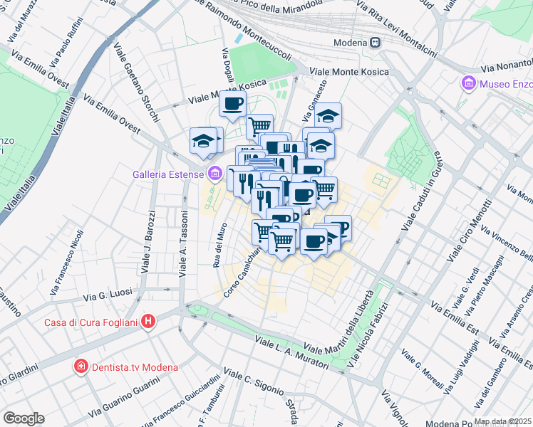 map of restaurants, bars, coffee shops, grocery stores, and more near in Modena