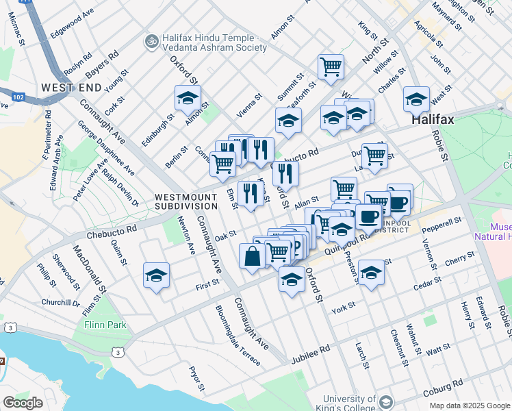 map of restaurants, bars, coffee shops, grocery stores, and more near 2533 Beech Street in Halifax