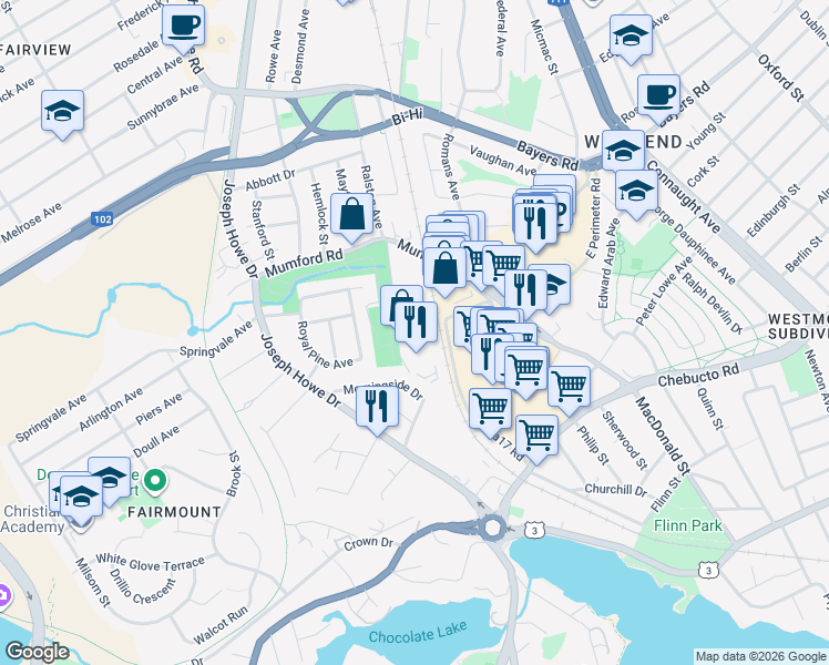 map of restaurants, bars, coffee shops, grocery stores, and more near 3003 Olivet Street in Halifax