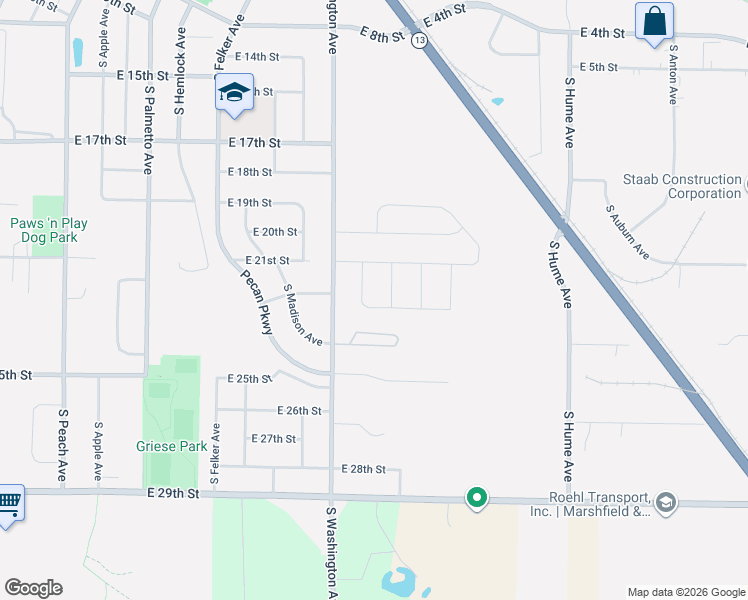 map of restaurants, bars, coffee shops, grocery stores, and more near 2111 South Washington Avenue in Marshfield
