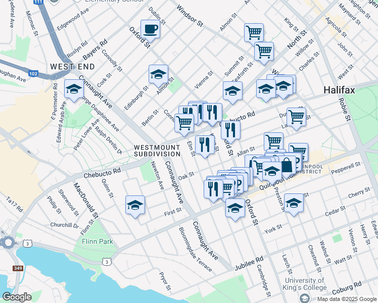 map of restaurants, bars, coffee shops, grocery stores, and more near 2562 Elm Street in Halifax
