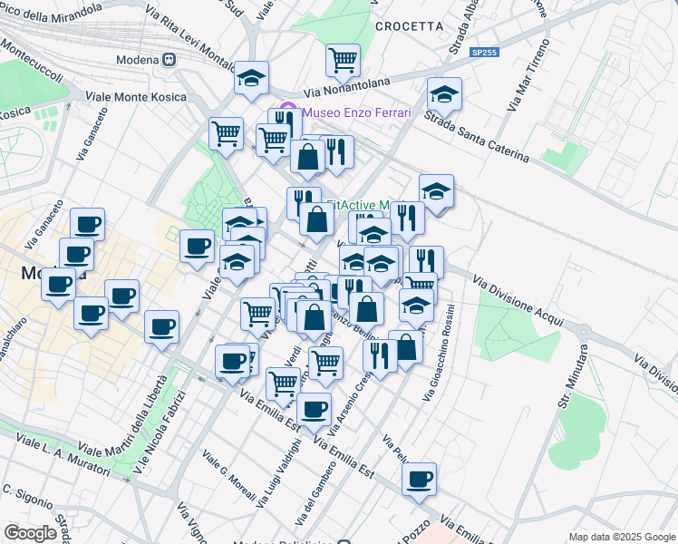 map of restaurants, bars, coffee shops, grocery stores, and more near 197 Viale G. Verdi in Modena