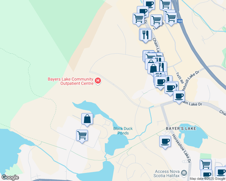 map of restaurants, bars, coffee shops, grocery stores, and more near 420 Susie Lake Crescent in Halifax