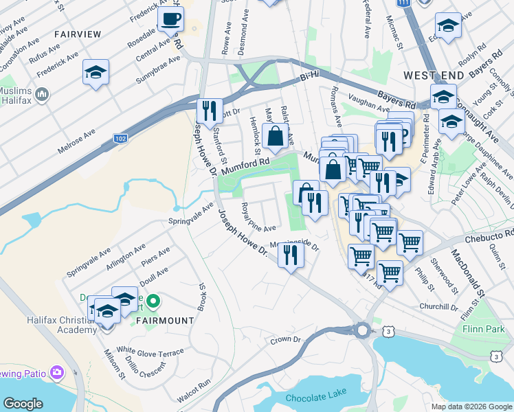 map of restaurants, bars, coffee shops, grocery stores, and more near 7082 Murdoch Avenue in Halifax