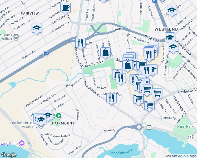 map of restaurants, bars, coffee shops, grocery stores, and more near 7082 Murdoch Avenue in Halifax