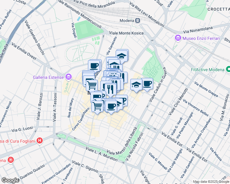map of restaurants, bars, coffee shops, grocery stores, and more near 27 Via Del Taglio in Modena