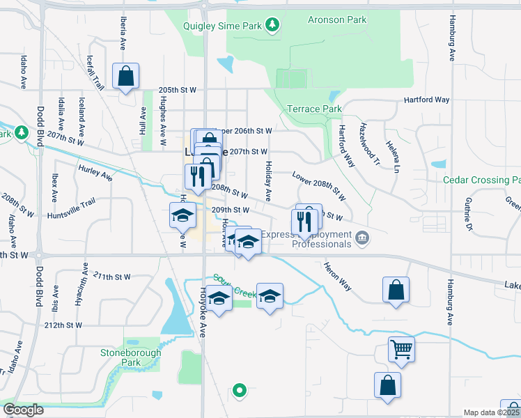 map of restaurants, bars, coffee shops, grocery stores, and more near 8590 208th Street West in Lakeville