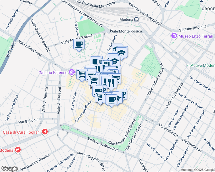 map of restaurants, bars, coffee shops, grocery stores, and more near 24 Via Francesco Rismondo in Modena