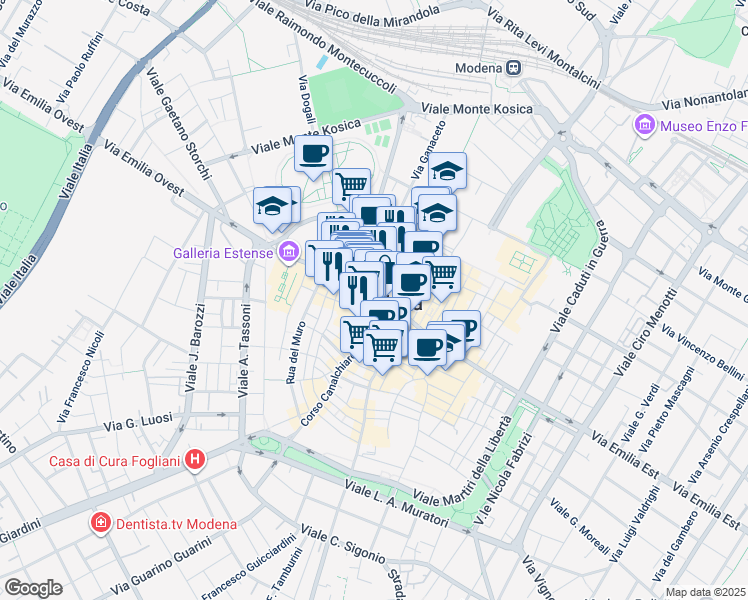 map of restaurants, bars, coffee shops, grocery stores, and more near in Modena