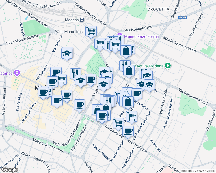 map of restaurants, bars, coffee shops, grocery stores, and more near 3 Via Giulio Reggianini in Modena