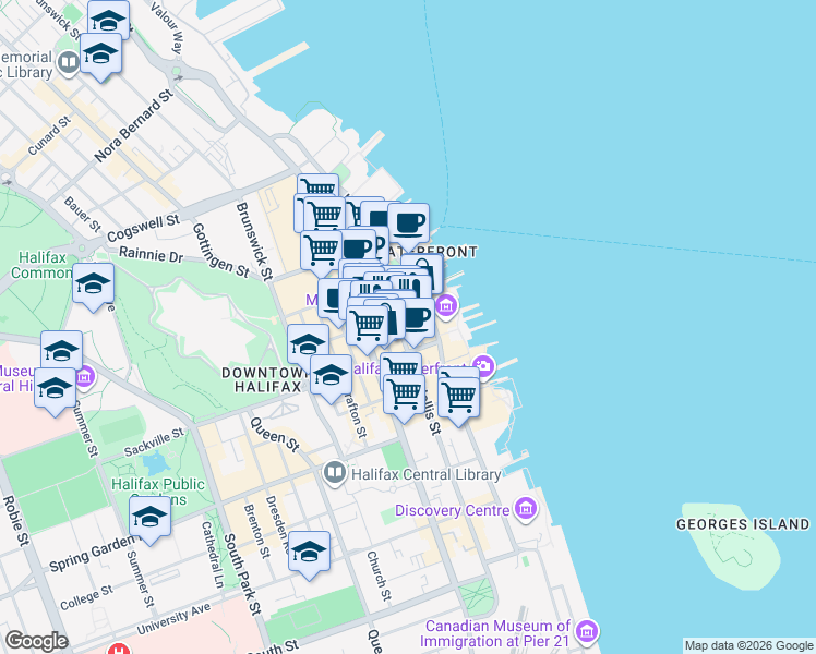 map of restaurants, bars, coffee shops, grocery stores, and more near 1701 Hollis Street in Halifax