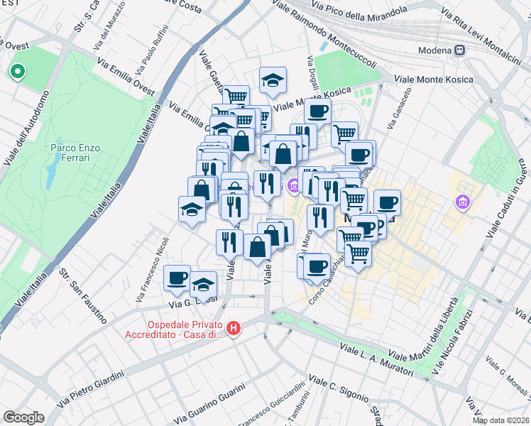 map of restaurants, bars, coffee shops, grocery stores, and more near 14 Via Giuseppe Campori in Modena