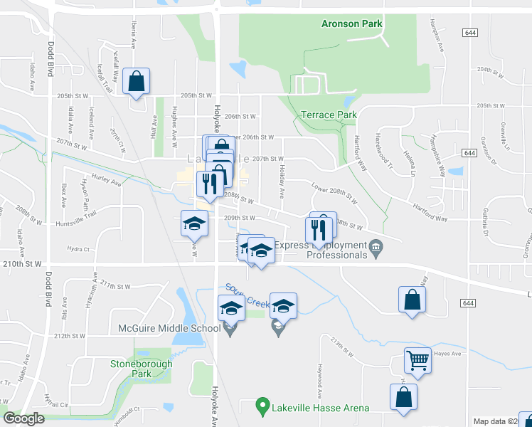 map of restaurants, bars, coffee shops, grocery stores, and more near 8590 208th Street West in Lakeville