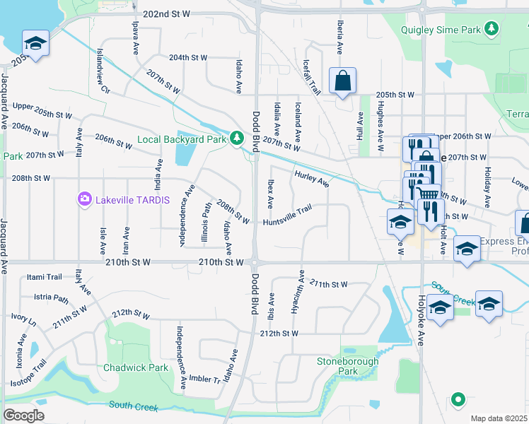 map of restaurants, bars, coffee shops, grocery stores, and more near 20738 Ibex Avenue in Lakeville