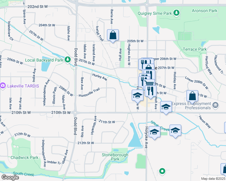 map of restaurants, bars, coffee shops, grocery stores, and more near 20961 Huntsville Trail in Lakeville
