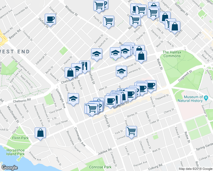 map of restaurants, bars, coffee shops, grocery stores, and more near 6301 Allan Street in Halifax