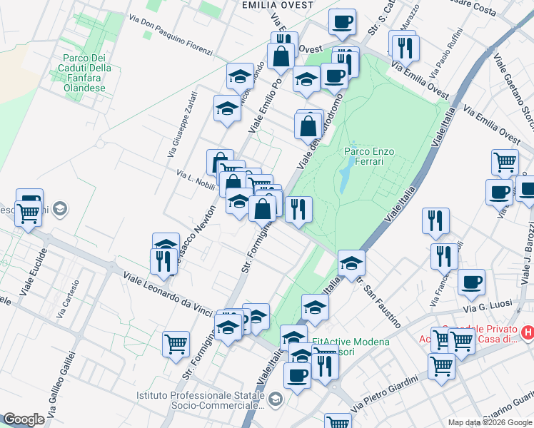map of restaurants, bars, coffee shops, grocery stores, and more near Viale dell'Autodromo in Modena
