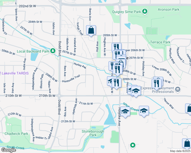 map of restaurants, bars, coffee shops, grocery stores, and more near 20961 Huntsville Trail in Lakeville