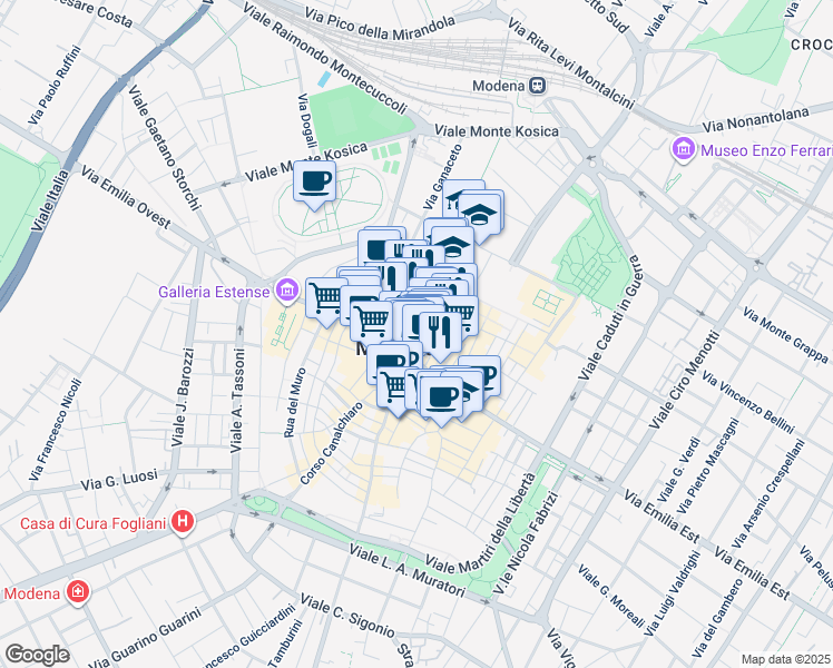 map of restaurants, bars, coffee shops, grocery stores, and more near 24 Via Francesco Rismondo in Modena