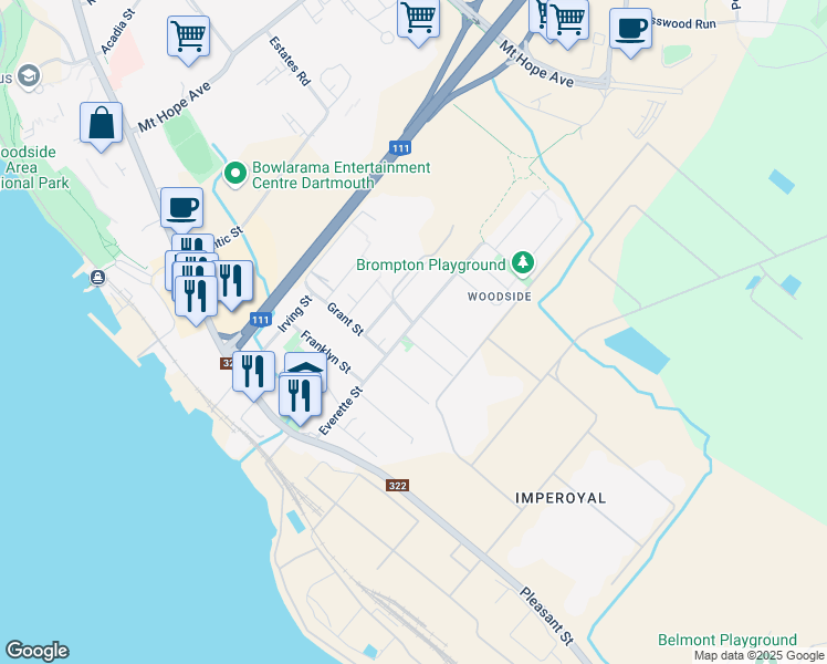 map of restaurants, bars, coffee shops, grocery stores, and more near 52 Everette Street in Dartmouth