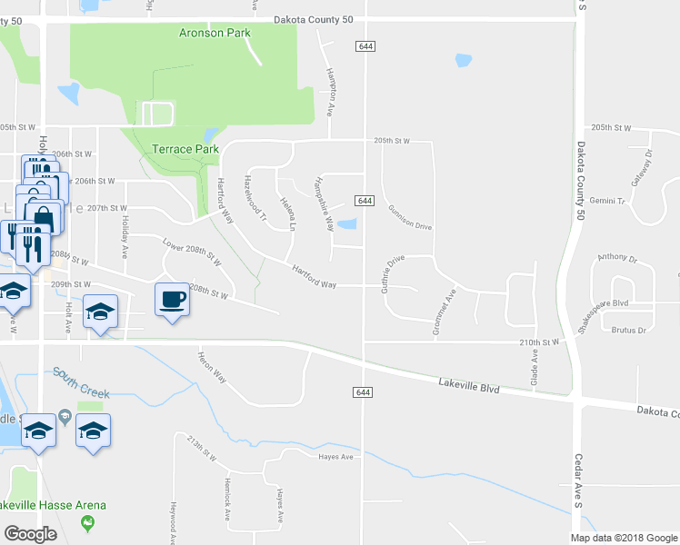 map of restaurants, bars, coffee shops, grocery stores, and more near 20663 Hampshire Way in Lakeville
