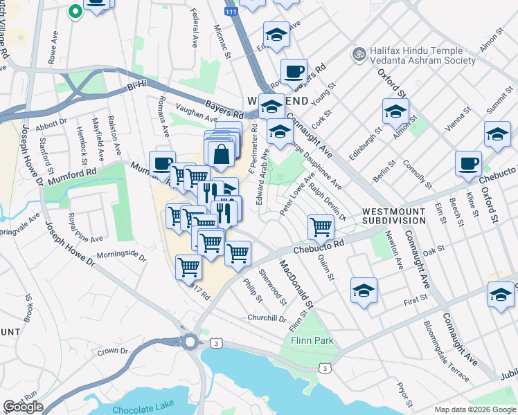 map of restaurants, bars, coffee shops, grocery stores, and more near 6854 Edward Arab Avenue in Halifax
