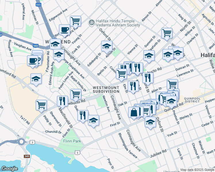 map of restaurants, bars, coffee shops, grocery stores, and more near 6591 Chebucto Road in Halifax