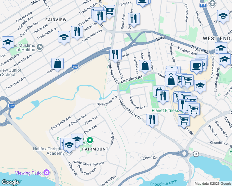 map of restaurants, bars, coffee shops, grocery stores, and more near 3040 Joseph Howe Drive in Halifax