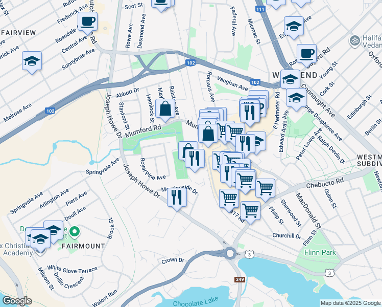 map of restaurants, bars, coffee shops, grocery stores, and more near 3025 Olivet Street in Halifax