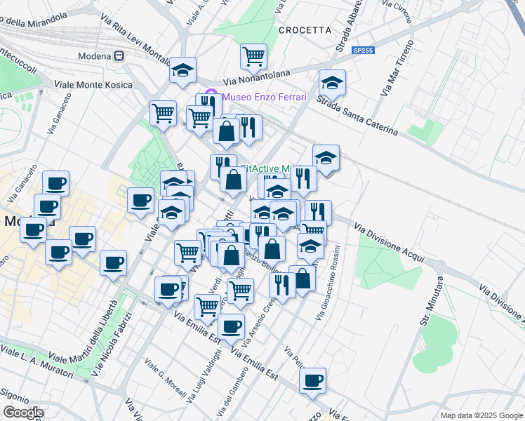 map of restaurants, bars, coffee shops, grocery stores, and more near 26 Via Monte Grappa in Modena