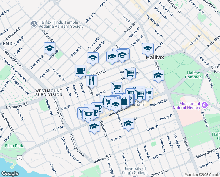 map of restaurants, bars, coffee shops, grocery stores, and more near 6263 Allan Street in Halifax