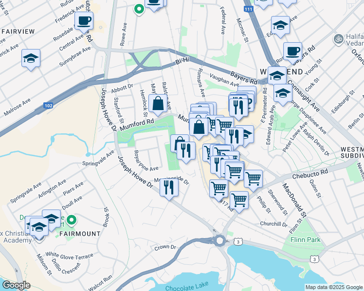 map of restaurants, bars, coffee shops, grocery stores, and more near 3025 Olivet Street in Halifax