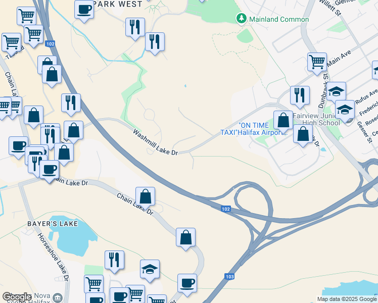 map of restaurants, bars, coffee shops, grocery stores, and more near Washmill Lake Drive in Halifax