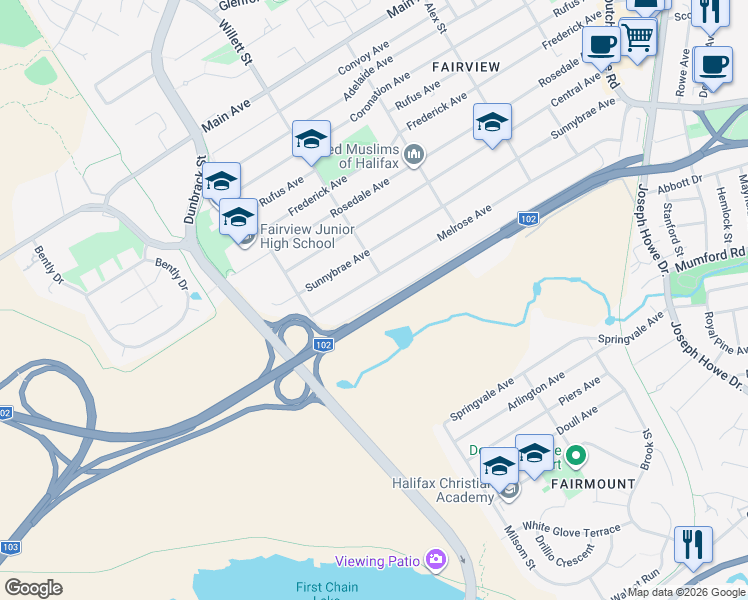 map of restaurants, bars, coffee shops, grocery stores, and more near 121 School Avenue in Halifax