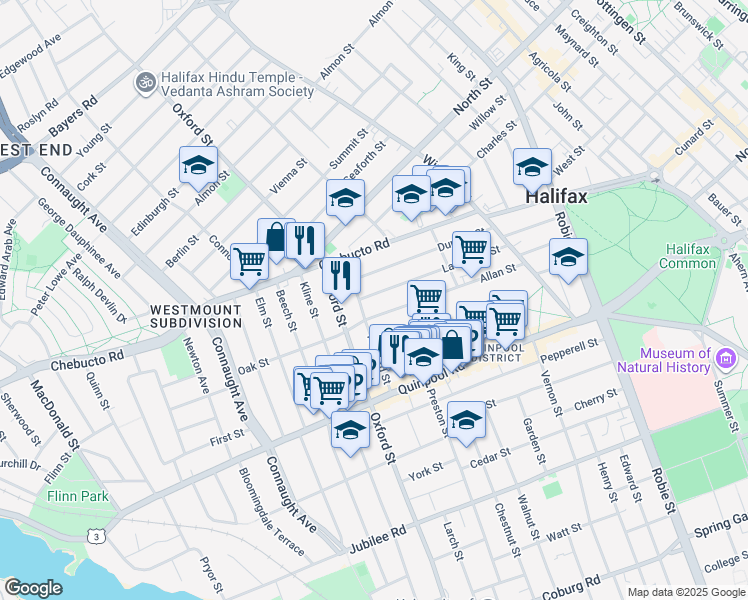 map of restaurants, bars, coffee shops, grocery stores, and more near 6318 Lawrence Street in Halifax
