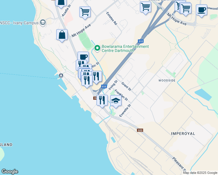 map of restaurants, bars, coffee shops, grocery stores, and more near 39 Irving Street in Dartmouth