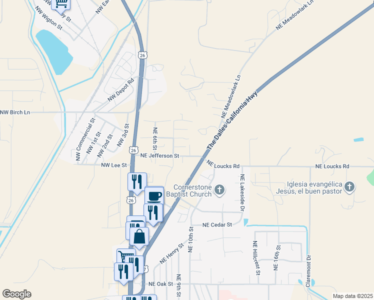 map of restaurants, bars, coffee shops, grocery stores, and more near 246 Northeast Jefferson Street in Madras