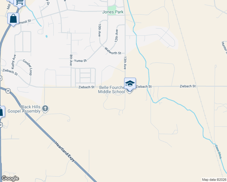 map of restaurants, bars, coffee shops, grocery stores, and more near 31 Statesboro Drive in Belle Fourche