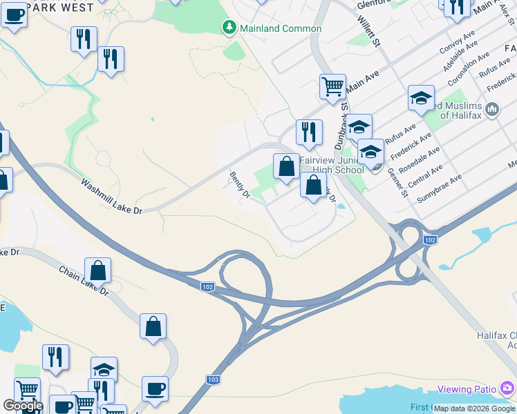 map of restaurants, bars, coffee shops, grocery stores, and more near 75 Bently Drive in Halifax