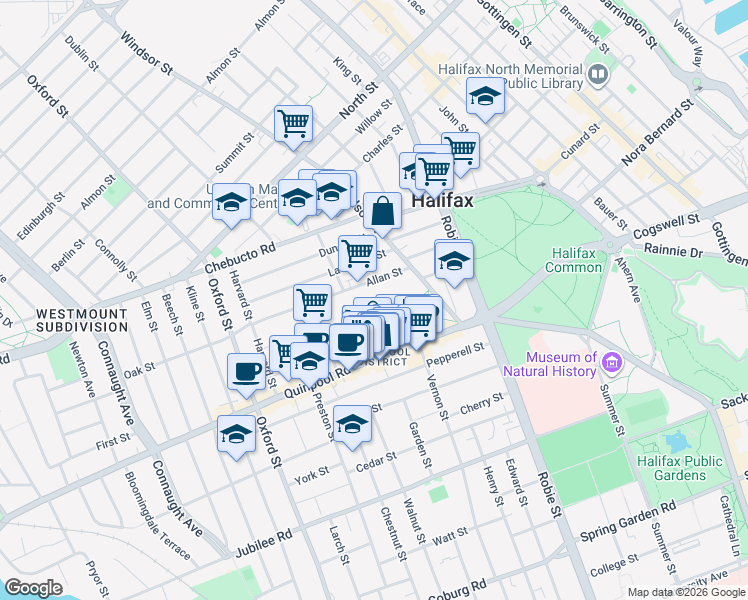 map of restaurants, bars, coffee shops, grocery stores, and more near 2080 Quingate Place in Halifax