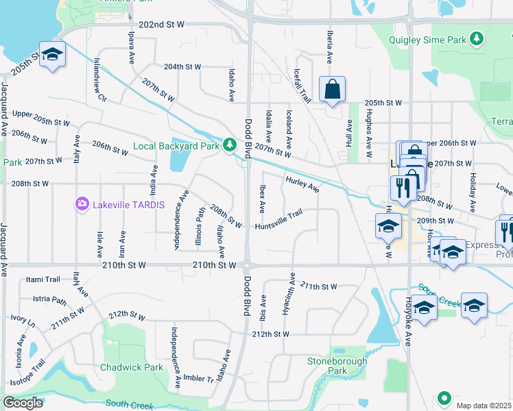 map of restaurants, bars, coffee shops, grocery stores, and more near 20738 Ibex Avenue in Lakeville