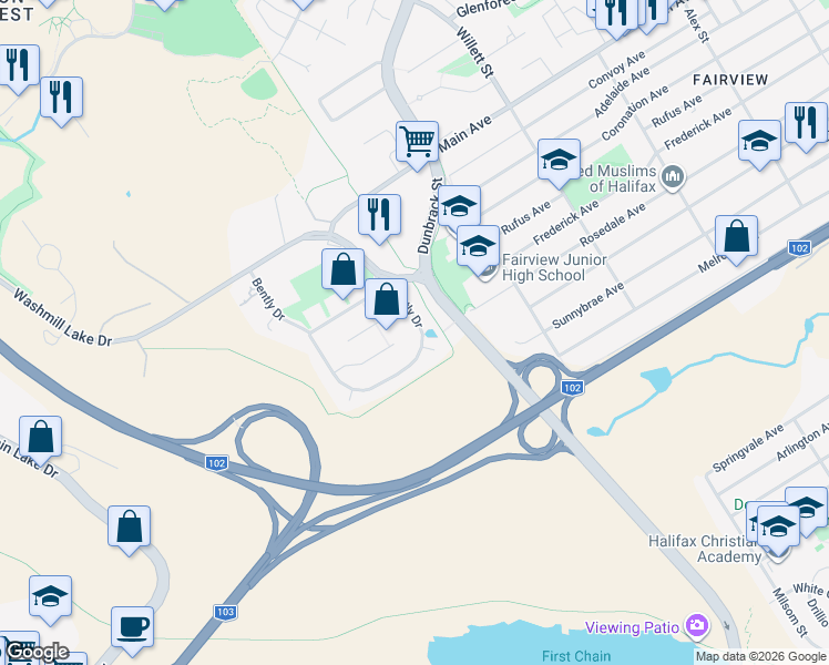 map of restaurants, bars, coffee shops, grocery stores, and more near 262 Bently Drive in Halifax