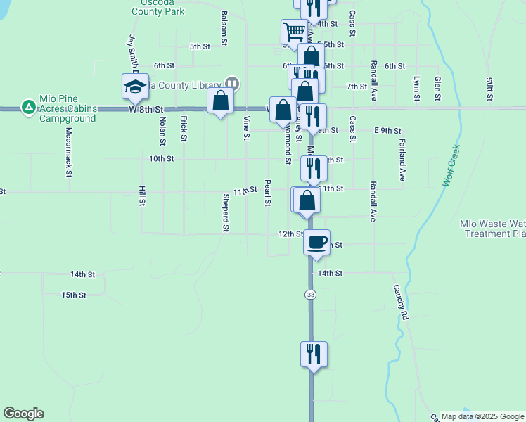 map of restaurants, bars, coffee shops, grocery stores, and more near 427 Vine Street in Mio