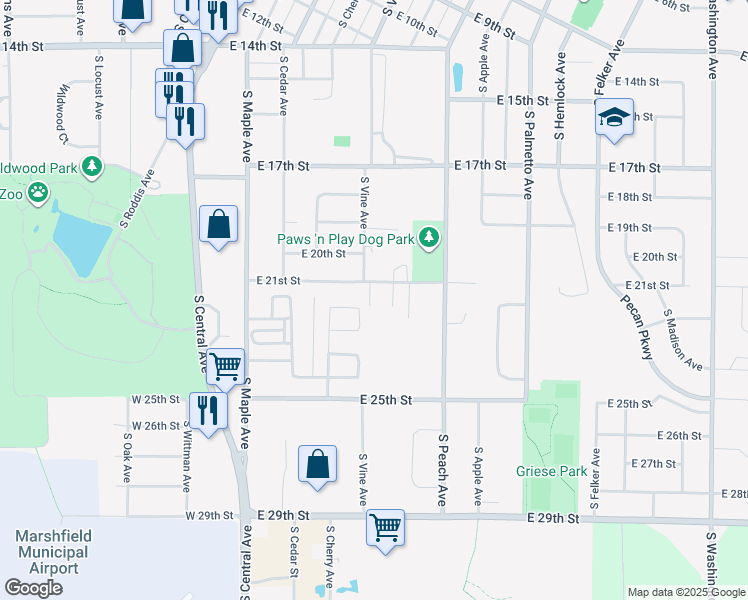 map of restaurants, bars, coffee shops, grocery stores, and more near 510 East 21st Street in Marshfield