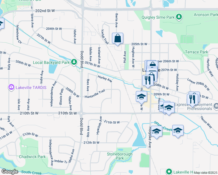 map of restaurants, bars, coffee shops, grocery stores, and more near 20775 Hurley Avenue in Lakeville