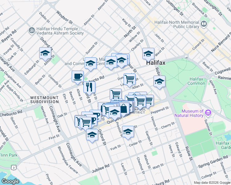 map of restaurants, bars, coffee shops, grocery stores, and more near 6231 Allan Street in Halifax