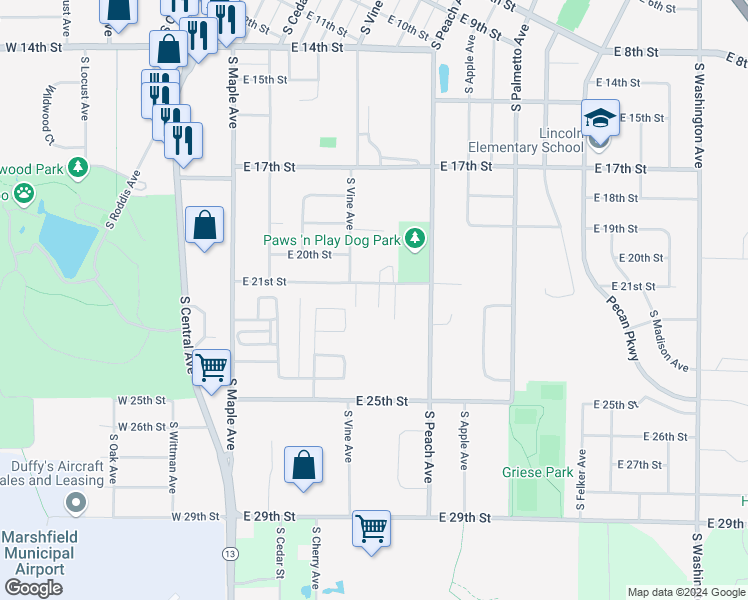 map of restaurants, bars, coffee shops, grocery stores, and more near 510 East 21st Street in Marshfield