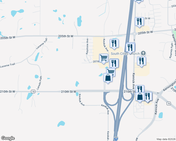 map of restaurants, bars, coffee shops, grocery stores, and more near 20653 Keokuk Avenue in Lakeville