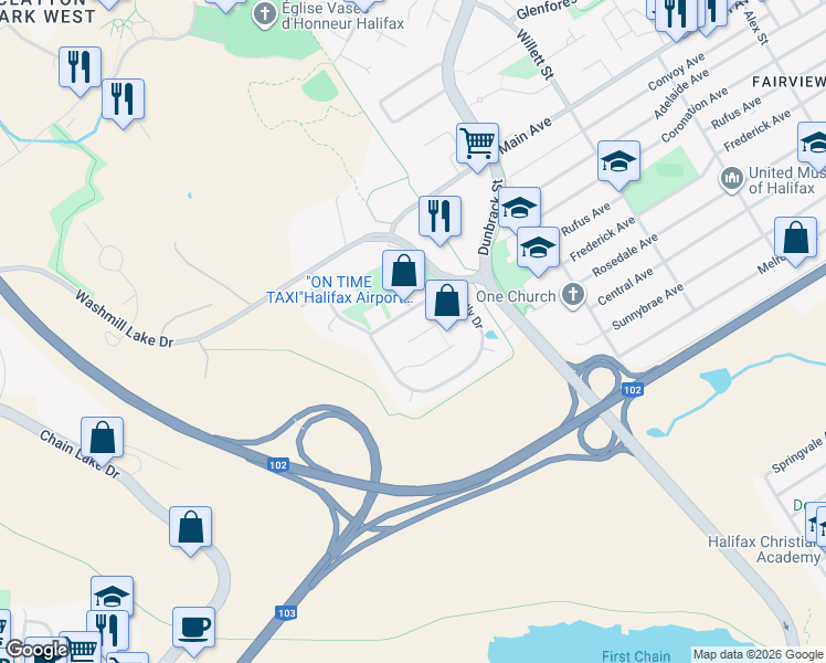 map of restaurants, bars, coffee shops, grocery stores, and more near 55 Sophia Street in Halifax